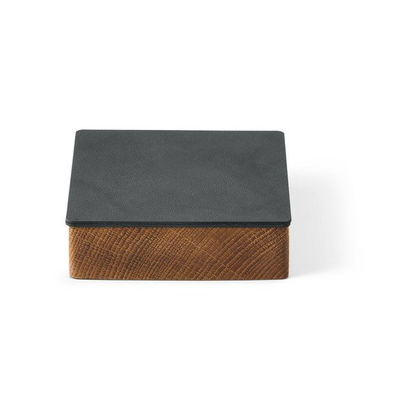 Antracitszürke-natúr színű fedeles-dekoratív fa-öko bőr tárolódoboz 11x11x3,5 cm Square Nupo – LIND DNA
