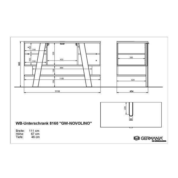 Novolino fehér mosdókagyló alatti szekrény tölgyfa dekorral, 111x67 cm - Germania-image-4