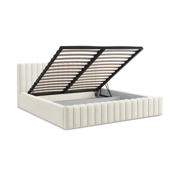 Krémszínű kárpitozott ágyneműtartós franciaágy ágyráccsal 180x200 cm Lemi – Makamii-image-3