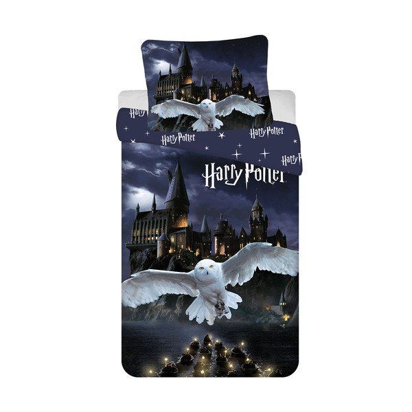 Sötétkék-szürke egyszemélyes pamut gyerek ágyneműhuzat 200x140 cm Harry Potter "Hogwarts Night" – Jerry Fabrics