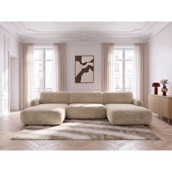 Bézs bársony kinyitható-tárolóhelyes (U alakú) sarokkanapé Celeste – Bobochic Paris-image-2