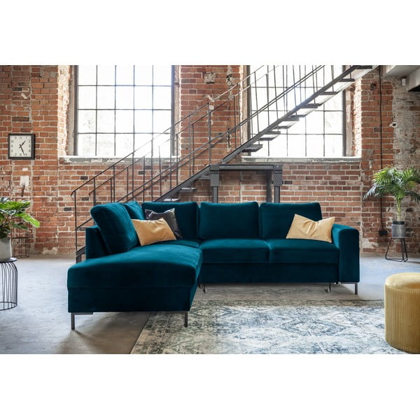 Türkiz bársony kinyitható sarokkanapé (bal oldali) Lofty Lilly – Miuform-image-4