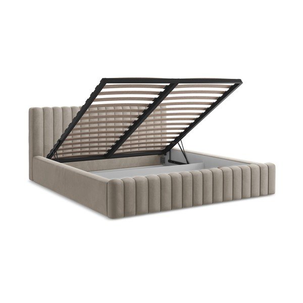 Szürkésbarna kárpitozott ágyneműtartós franciaágy ágyráccsal 180x200 cm Lemi – Makamii-image-3