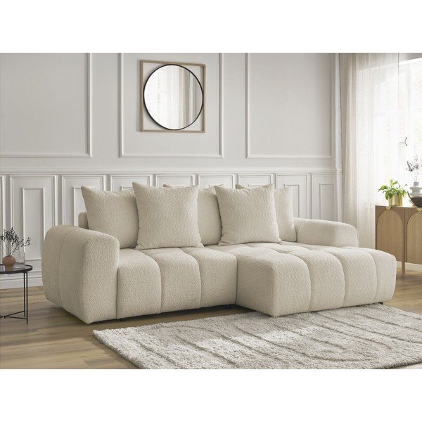 Bézs buklé kinyitható-tárolóhelyes sarokkanapé (jobb oldali-heverő résszel) Roxelane – Bobochic Paris-image-3