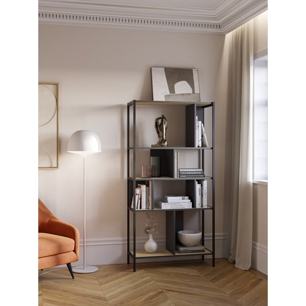 Fekete-natúr színű könyvespolc tölgyfa dekorral 88x175 cm Alabama – Marckeric-image-1