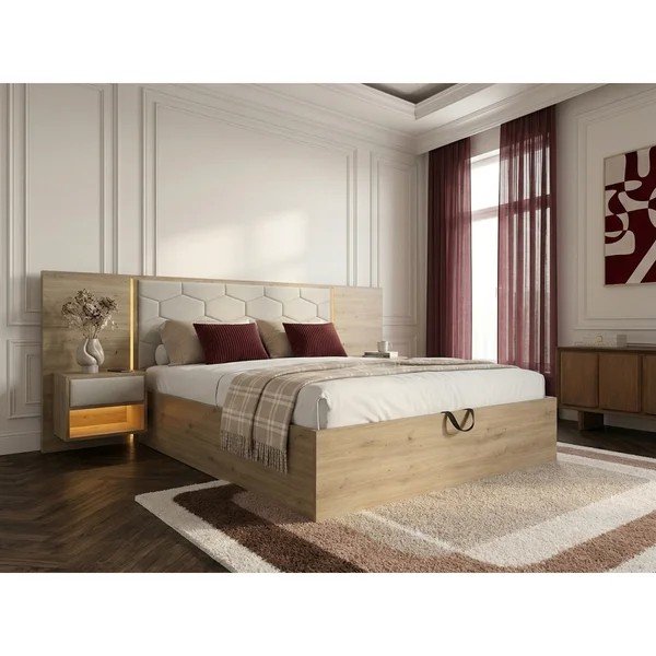 Bézs kárpitozott-forgácslemez ágyneműtartós franciaágy ágyráccsal 160x200 cm Palmeraie – Bobochic Paris-image-1