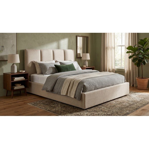 Bézs kárpitozott franciaágy tárolóhellyel ágyráccsal 160x200 cm Juniper – Mazzini Beds-image-1