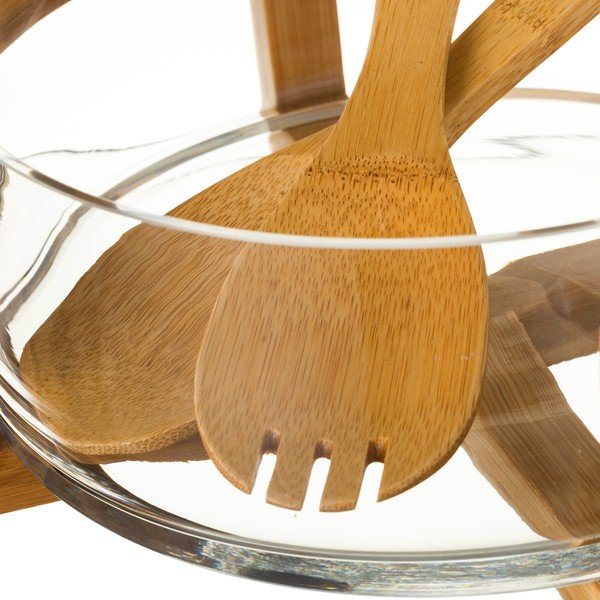 Üveg tálka bambusz tartóban és 2 db salátaszedővel - Unimasa-image-1