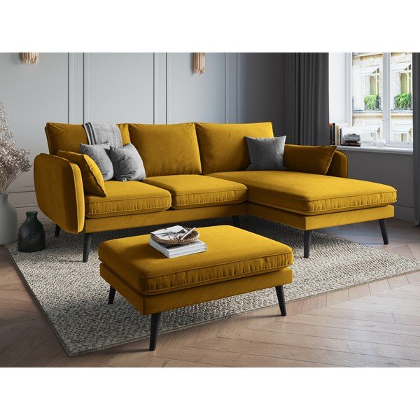 Lento sárga bársony sarokkanapé fekete lábakkal, jobb oldali - Kooko Home-image-1