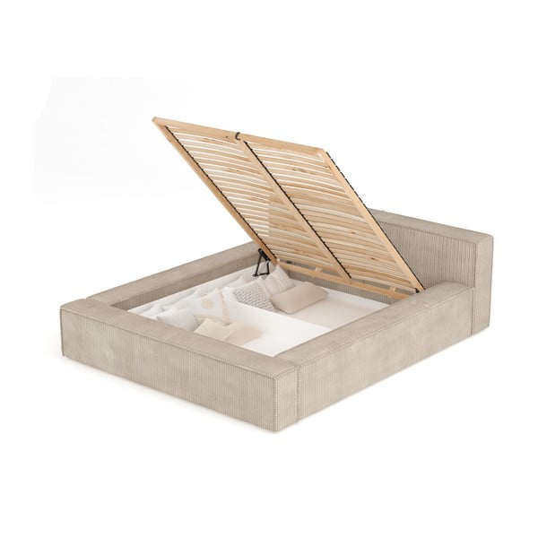 Bézs kárpitozott ágyneműtartós franciaágy ágyráccsal 140x200 cm Voliera – Maison de Rêve-image-3