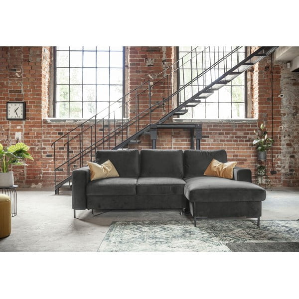 Lofty Lilly sötétszürke kinyitható bársony sarokkanapé, jobb oldali - Miuform-image-1