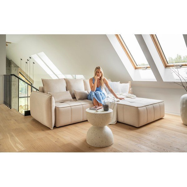 Bézs bársony kinyitható-tárolóhelyes sarokkanapé (bal oldali-heverő résszel) Campo – ELTAP-image-1