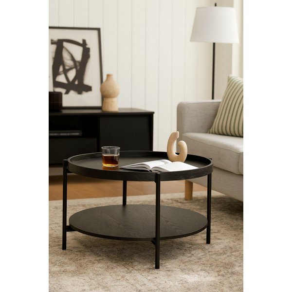 Fekete kerek dohányzóasztal tölgyfa dekorral ø 64 cm Hagen – Bonami Essentials-image-3