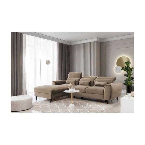 Világosbarna bársony kinyitható-tárolóhelyes sarokkanapé (bal oldali-heverő résszel) Foble – ELTAP-image-3