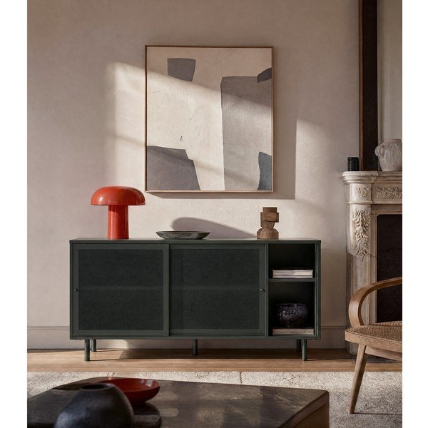 Sötétzöld fém alacsony komód tolóajtóval 160x75 cm Veep – Unique Furniture-image-3