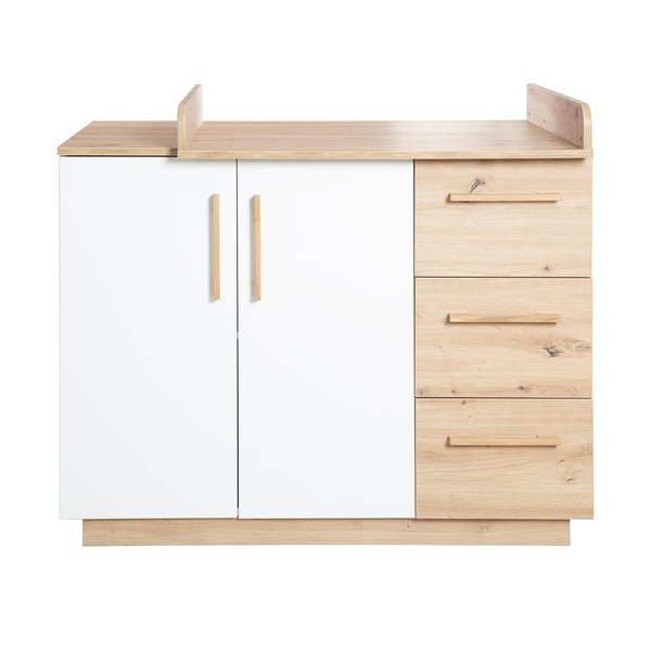 Fehér-natúr színű gyerek komód pelenkázó feltéttel, tölgyfa dekorral 118x103x79 cm Lion – Roba