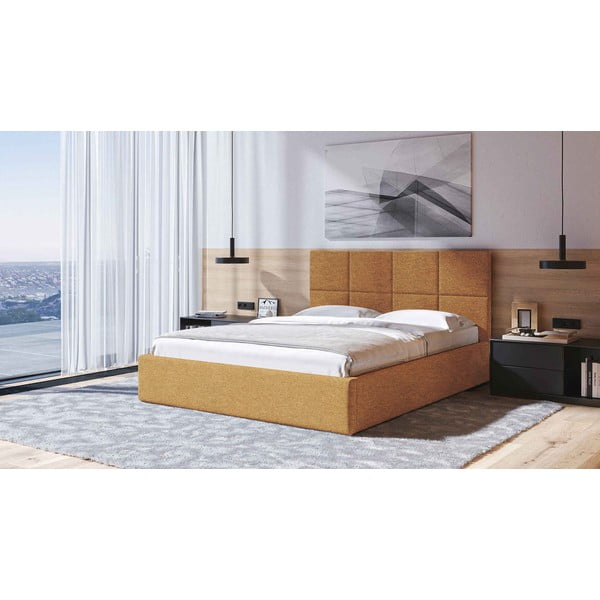 Okkersárga kárpitozott ágyneműtartós franciaágy ágyráccsal 180x200 cm Bufo – MESONICA-image-1