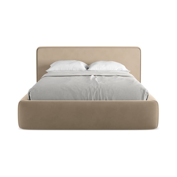 Világosbarna kárpitozott ágyneműtartós franciaágy ágyráccsal 180x200 cm Kiana – Makamii-image-4