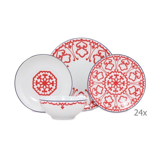 Porselen Desen 24 részes fehér porcelán étkészlet piros mintával - Kütahya