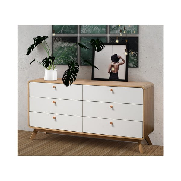 Fehér-natúr színű alacsony komód tölgyfa dekorral 150x74 cm Caitlin – Støraa-image-3