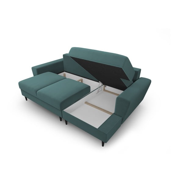 Petróleum színű bársony kinyitható tárolóhelyes sarokkanapé (jobb oldali-heverő résszel) Kyoto – Cosmopolitan Design-image-3