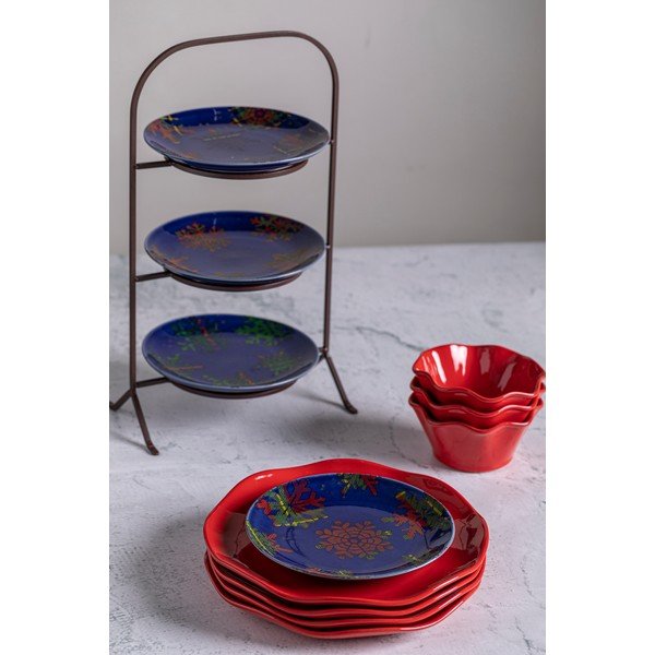 Snowflake 4 db-os kék-piros agyagkerámia desszertes tányér szett, ø 21,6 cm - Casafina-image-1