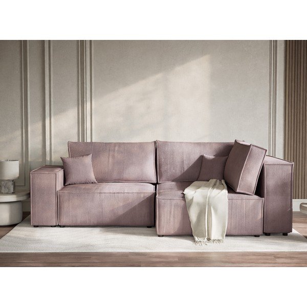 Lila kordbársony kinyitható-tárolóhelyes sarokkanapé (jobb oldali-L alakú) Tonga – Maison de Rêve-image-1