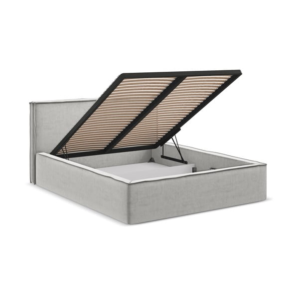 Világosszürke kárpitozott ágyneműtartós franciaágy ágyráccsal 160x200 cm Anani – Makamii-image-2