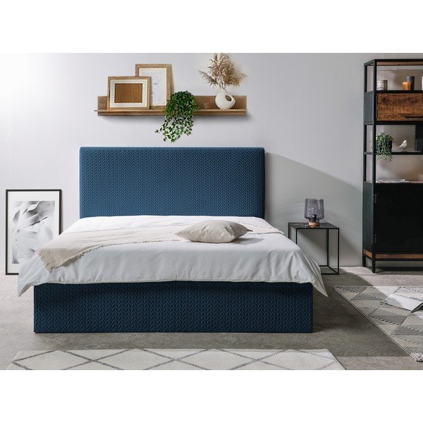 Kék kárpitozott franciaágy tárolóhellyel ágyráccsal 160x200 cm Adele – Bobochic Paris-image-2