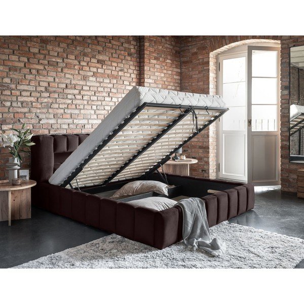 Sötétbarna kárpitozott ágyneműtartós franciaágy ágyráccsal 160x200 cm Lamica – ELTAP-image-3