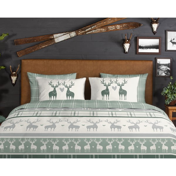 Zöld-krémszínű kétszemélyes hosszabbított flanel ágyneműhuzat 200x220 cm Bjirk – Good Morning-image-2