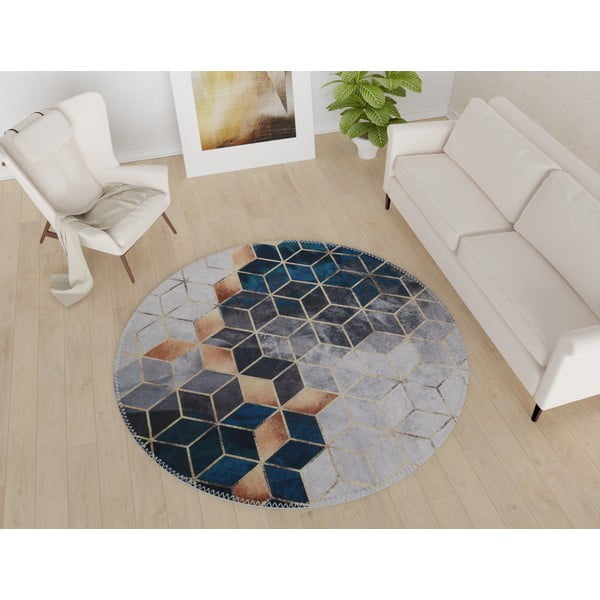 Fehér-petróleumkék mosható kerek szőnyeg ø 120 cm – Vitaus-image-1