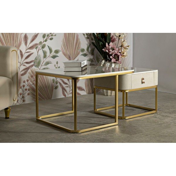 Krémszínű-aranyszínű dohányzóasztal szett márvány dekorral,  2 db-os  50x70 cm Beauty – Mauro Ferretti-image-1