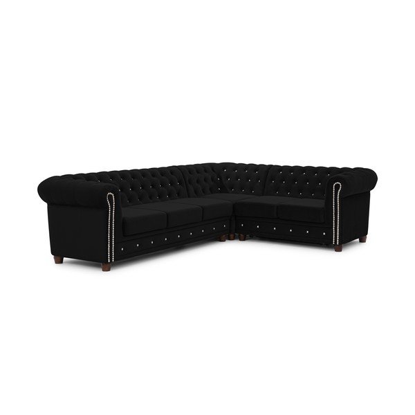 Fekete bársony kinyitható sarokkanapé (jobb oldali-L alakú) York Blik – Ropez