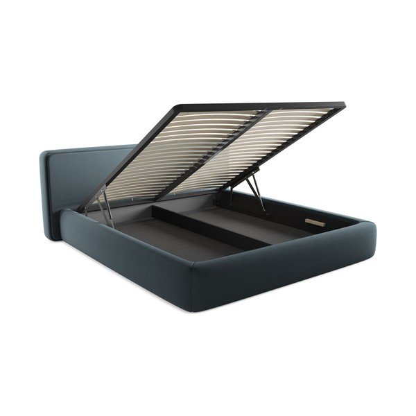 Kék kárpitozott ágyneműtartós franciaágy ágyráccsal 180x200 cm Kiana – Makamii-image-3