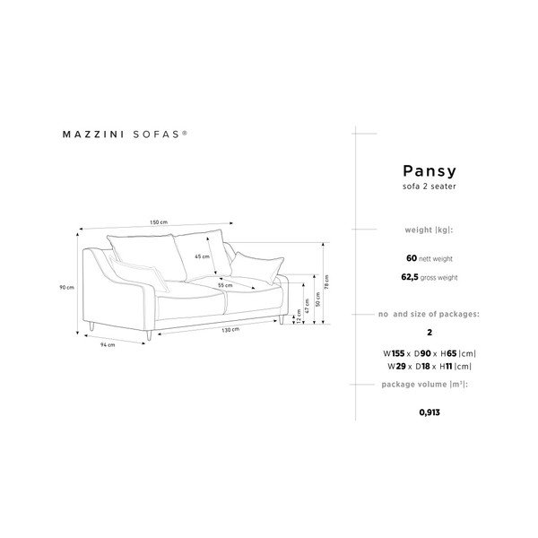 Pansy bézs kanapé, 150 cm - Mazzini Sofas-image-3