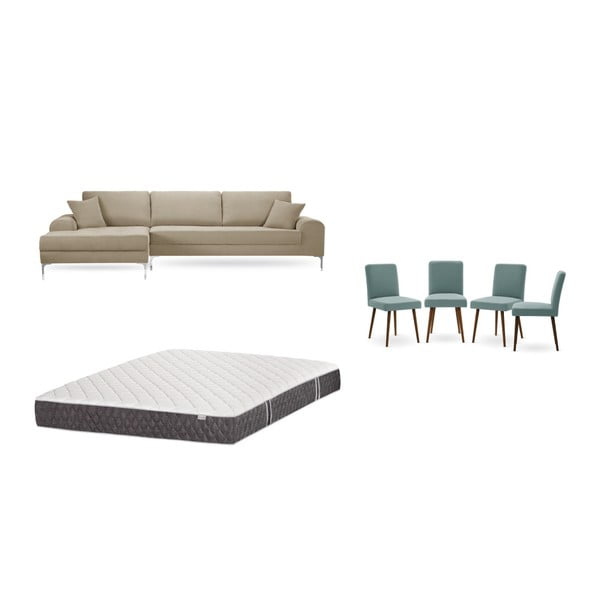 Szürkésbézs baloldali sarokkanapé, 4 db szürkészöld szék, matrac (160 x 200 cm) szett - Home Essentials