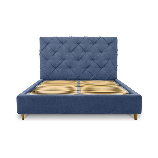 Kék kárpitozott ágyneműtartós franciaágy ágyráccsal 160x200 cm Bee – Scandic-image-3