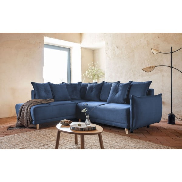 Sötétkék kordbársony kinyitható sarokkanapé (bal oldali) Lazy Lukka – Miuform-image-1