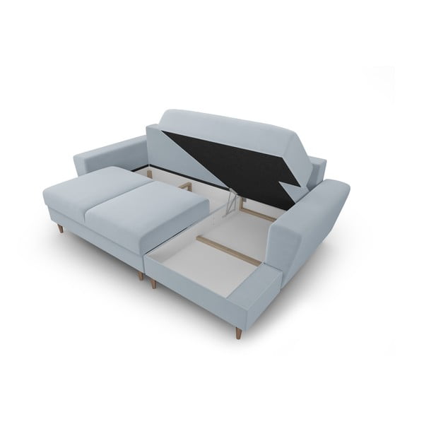 Világoskék bársony kinyitható tárolóhelyes sarokkanapé (jobb oldali-heverő résszel) Kyoto – Cosmopolitan Design-image-3