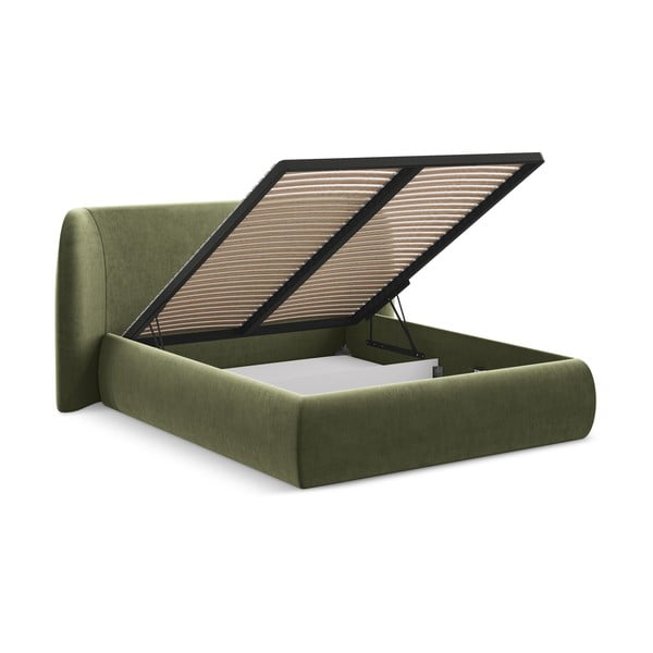 Zöld kárpitozott ágyneműtartós franciaágy ágyráccsal 160x200 cm Hauke – Makamii-image-2