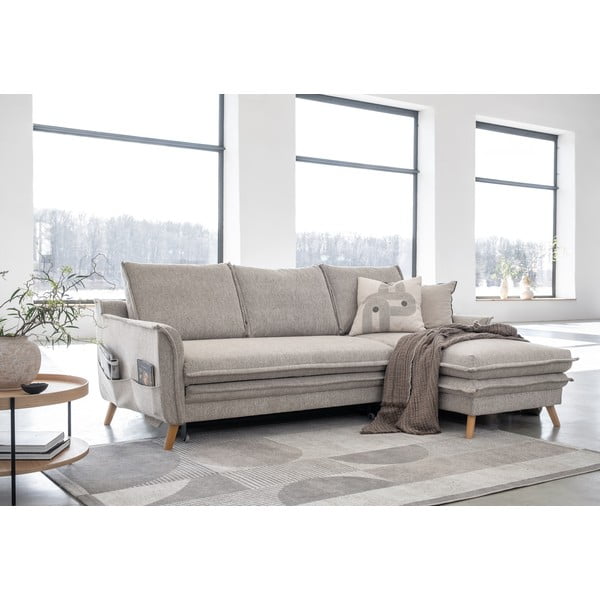 Szürkésbézs kinyitható-tárolóhelyes sarokkanapé (jobb oldali-heverő résszel) Charming Charlie – Miuform-image-3