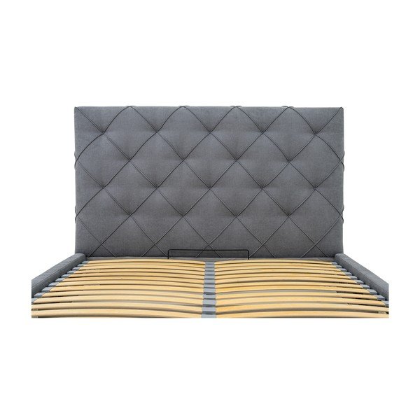 Szürke kárpitozott ágyneműtartós franciaágy ágyráccsal 140x190 cm Bee – Scandic-image-1