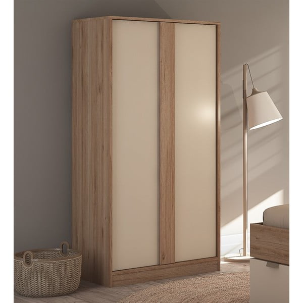 Krémszínű-natúr színű ruhásszekrény tölgyfa dekorral 90x180x53 cm Dennis – Marckeric-image-2