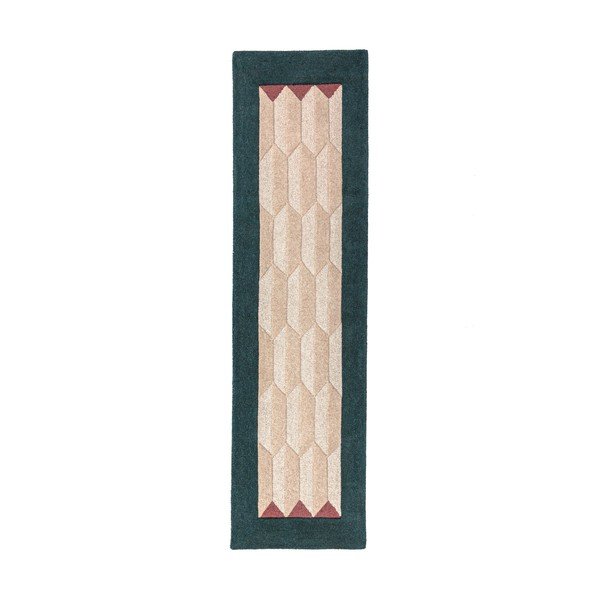 Natúr színű-kékeszöld kézi szövésű gyapjú futószőnyeg 60x230 cm Apex Border Wool – Flair Rugs