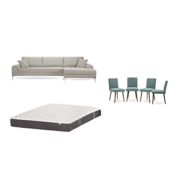 Krémszínű jobboldali sarokkanapé, 4 db szürkészöld szék, matrac (160 x 200 cm) szett - Home Essentials