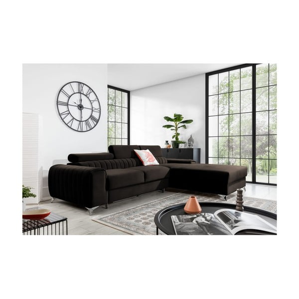 Sötétbarna bársony kinyitható-tárolóhelyes sarokkanapé (jobb oldali-heverő résszel) Grayson – ELTAP-image-1