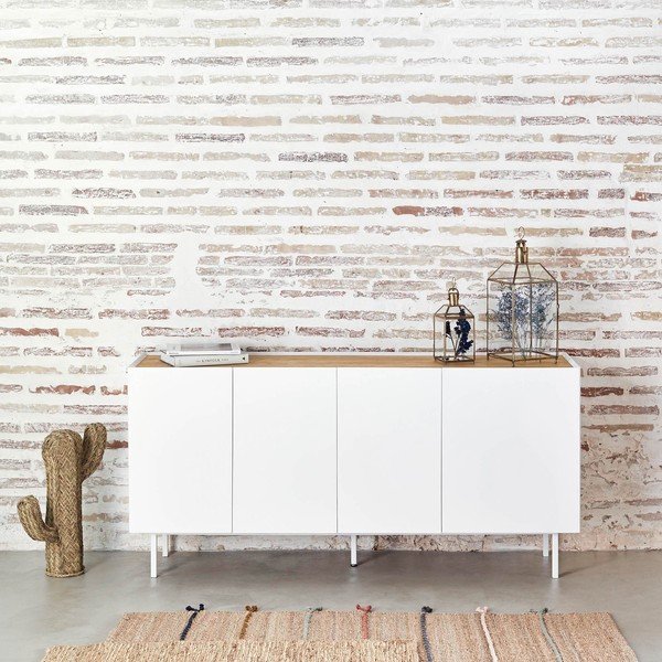 Fehér-natúr színű alacsony komód tölgyfa dekorral 165x78 cm Arista – Teulat-image-1