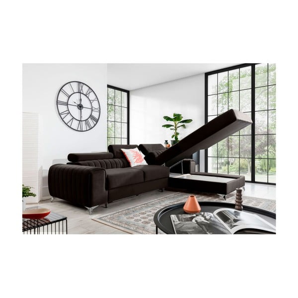 Sötétbarna bársony kinyitható-tárolóhelyes sarokkanapé (jobb oldali-heverő résszel) Grayson – ELTAP-image-3