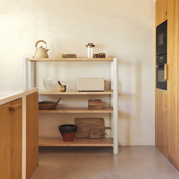 Krémszínű-világos natúr színű polcos állvány tölgyfa dekorral 126x128x43 cm Bona – Teulat-image-1